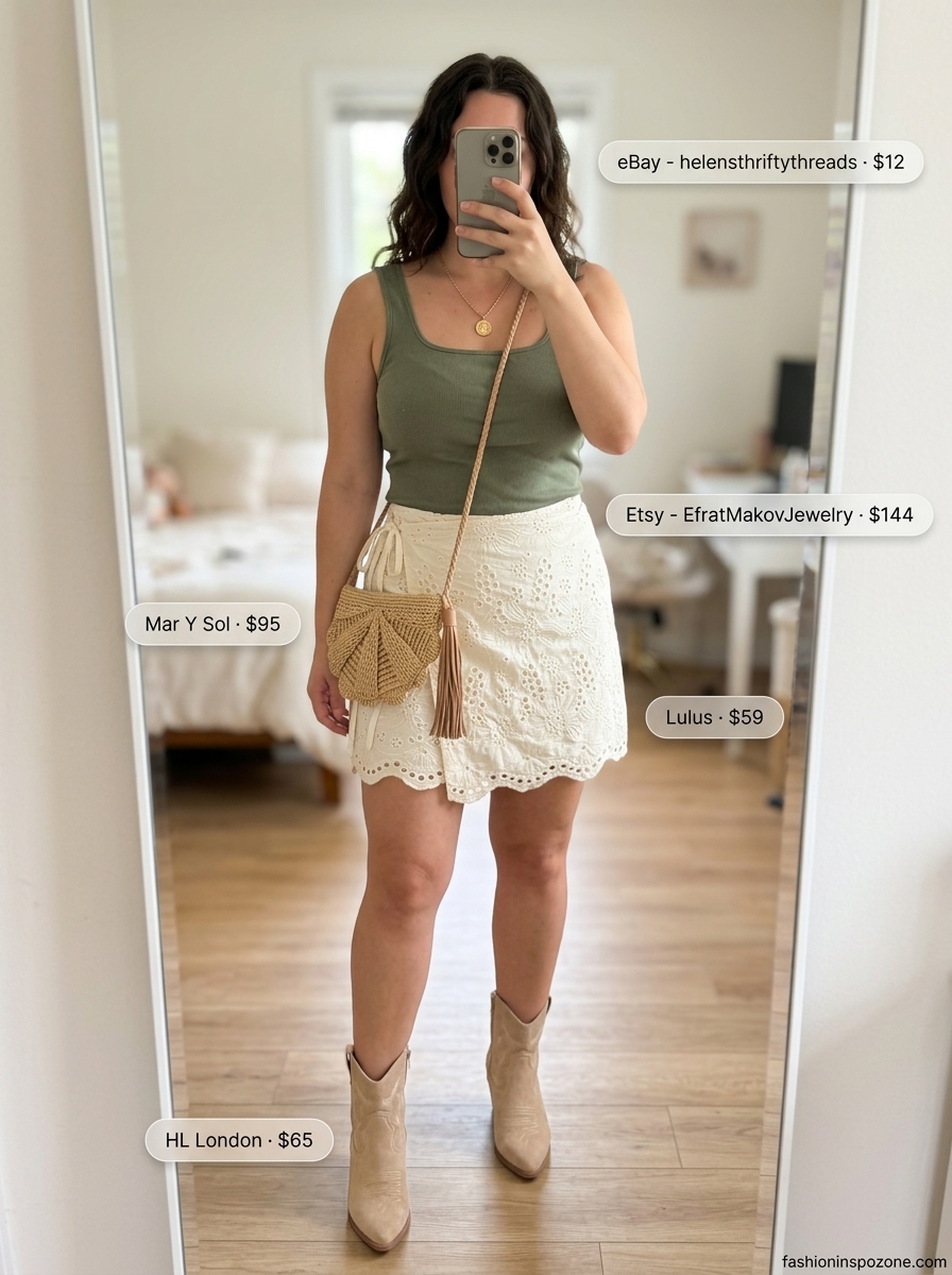 Cute summer skirt outfits 2026: Boho cream eyelet mini skirt with olive green crop top and tan boots for festivals.