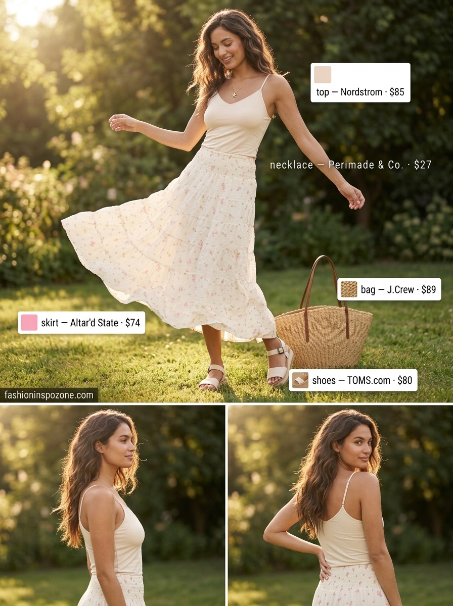 Dreamy floral tiered midi skirt outfit for garden parties or farmers markets. Cute summer skirt outfits 2026.