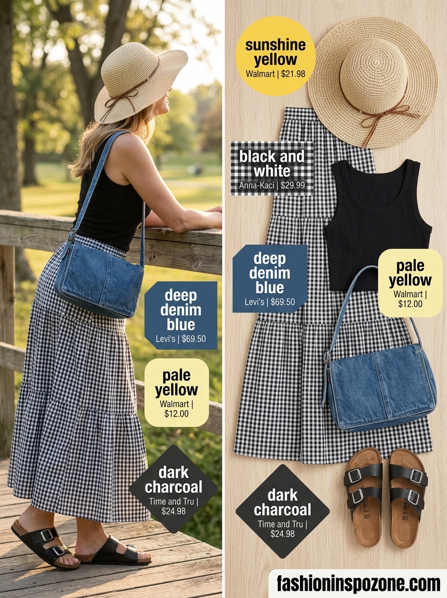 Cheerful black & white gingham maxi skirt outfit for picnics or farmers markets. Cute summer skirt outfits 2026.