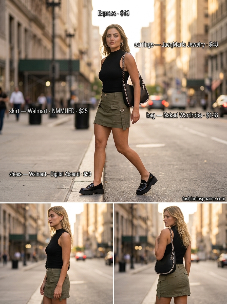 Cute summer skirt outfits 2026: Khaki cargo mini skirt with black mock neck top and chunky loafers.