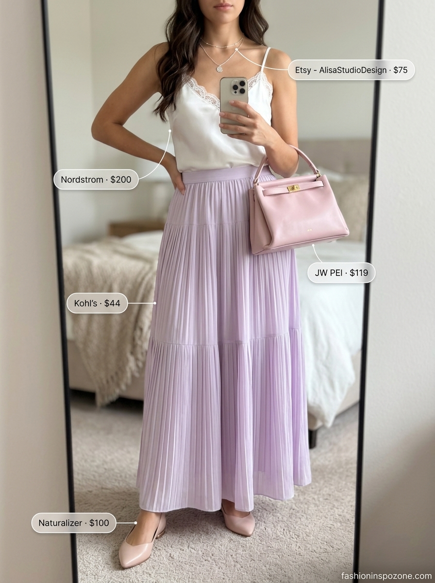 Cute summer skirt outfits 2026: Lavender tiered maxi skirt with lace camisole for brunch.