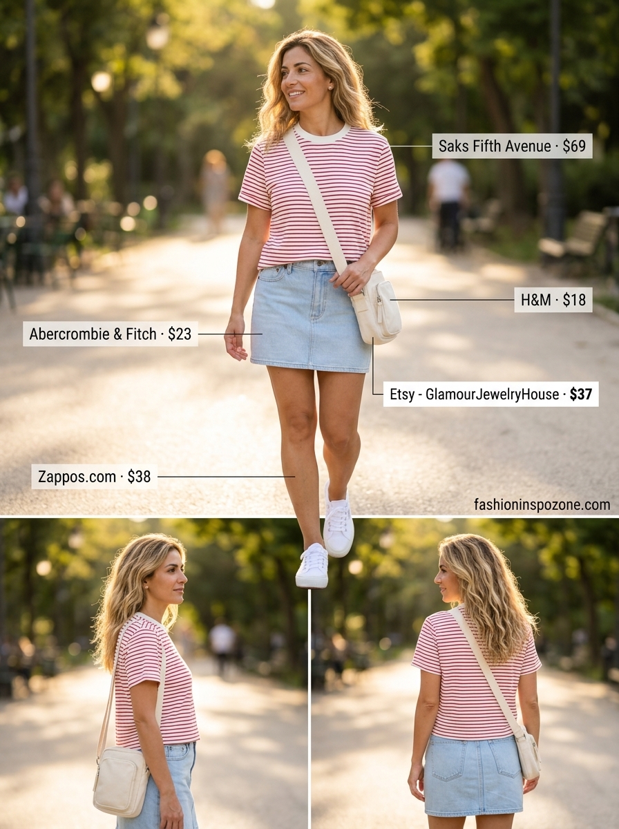 Playful light blue denim mini skirt outfit for casual brunch or park picnics. Cute summer skirt outfits 2026.