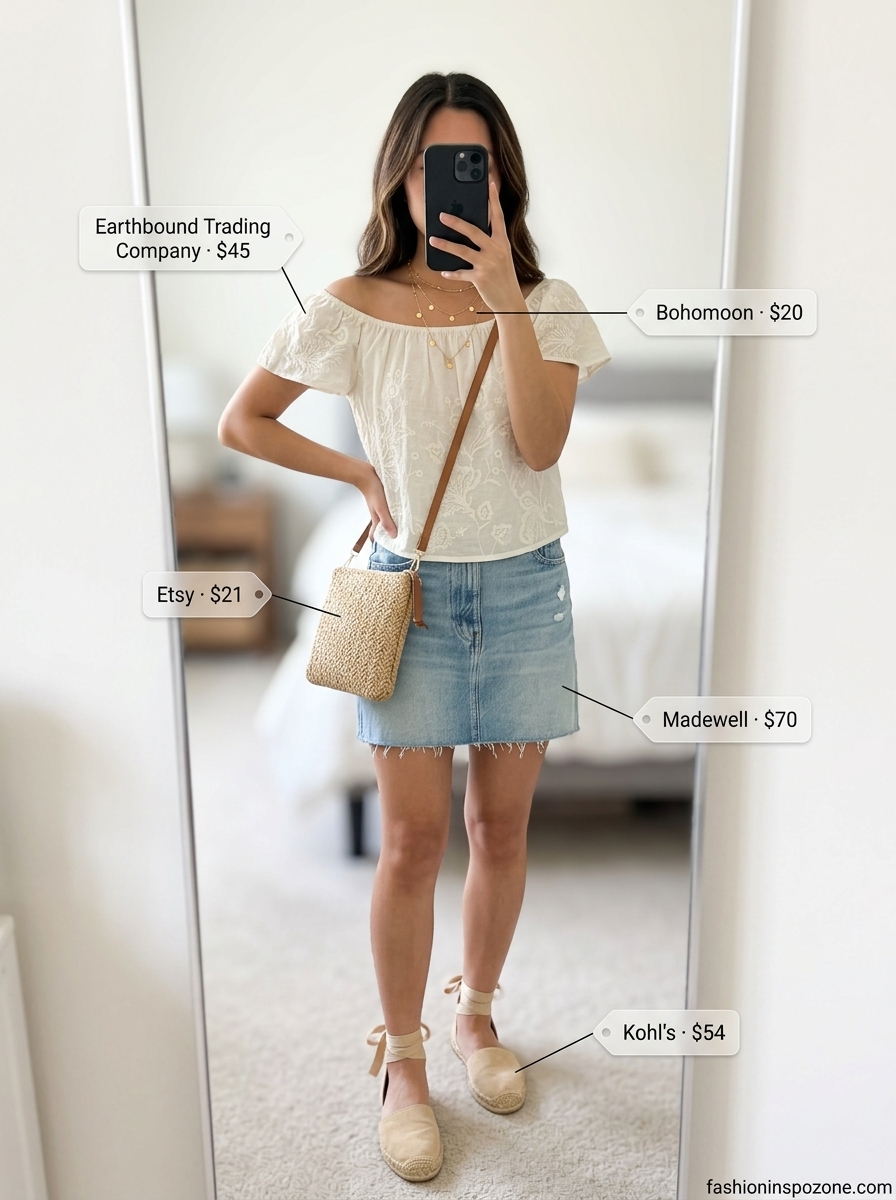Effortless light wash denim mini skirt outfit for weekend brunch or casual days. Cute summer skirt outfits 2026.