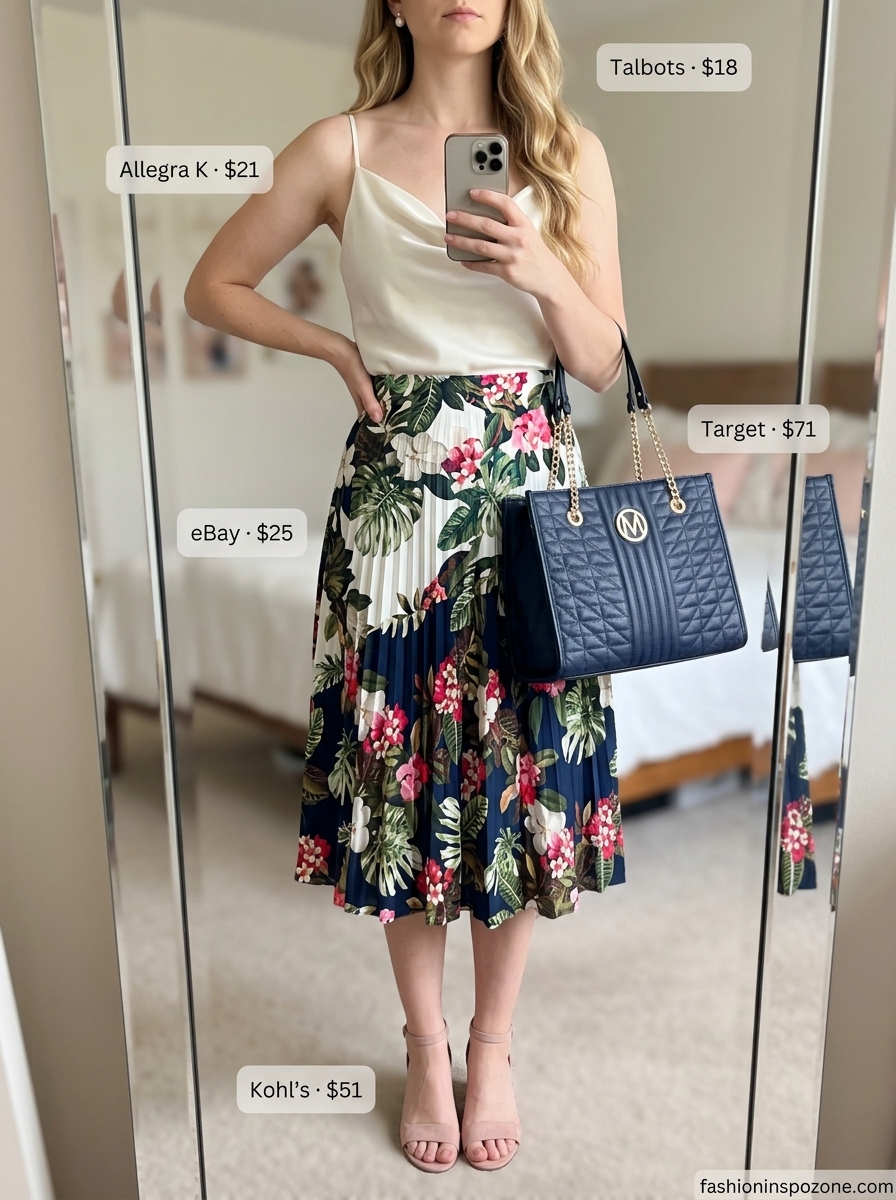 Romantic navy floral midi skirt outfit for garden parties or summer weddings. Cute summer skirt outfits 2026.