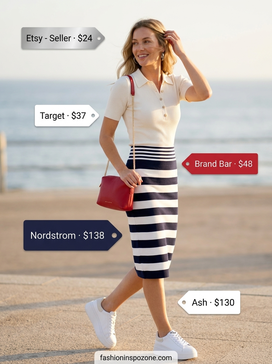 Cute summer skirt outfits 2026: Navy striped knit midi skirt with white polo shirt for coastal evenings.