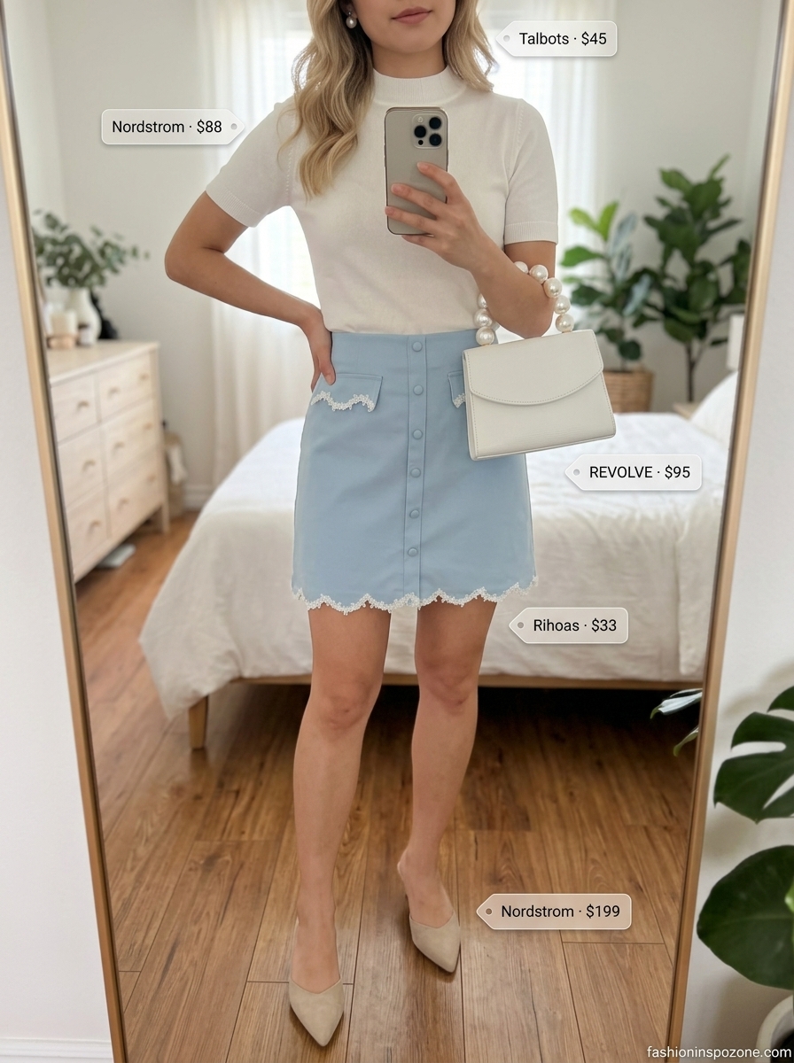 Sweet powder blue A-line mini skirt outfit for bridal showers or garden parties. Cute summer skirt outfits 2026.