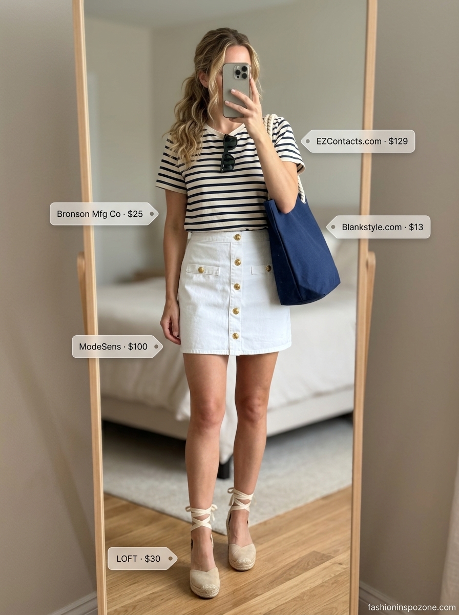 Cute summer skirt outfits 2026: White linen mini skirt with blue stripe tee, espadrilles & tote for a beach day.