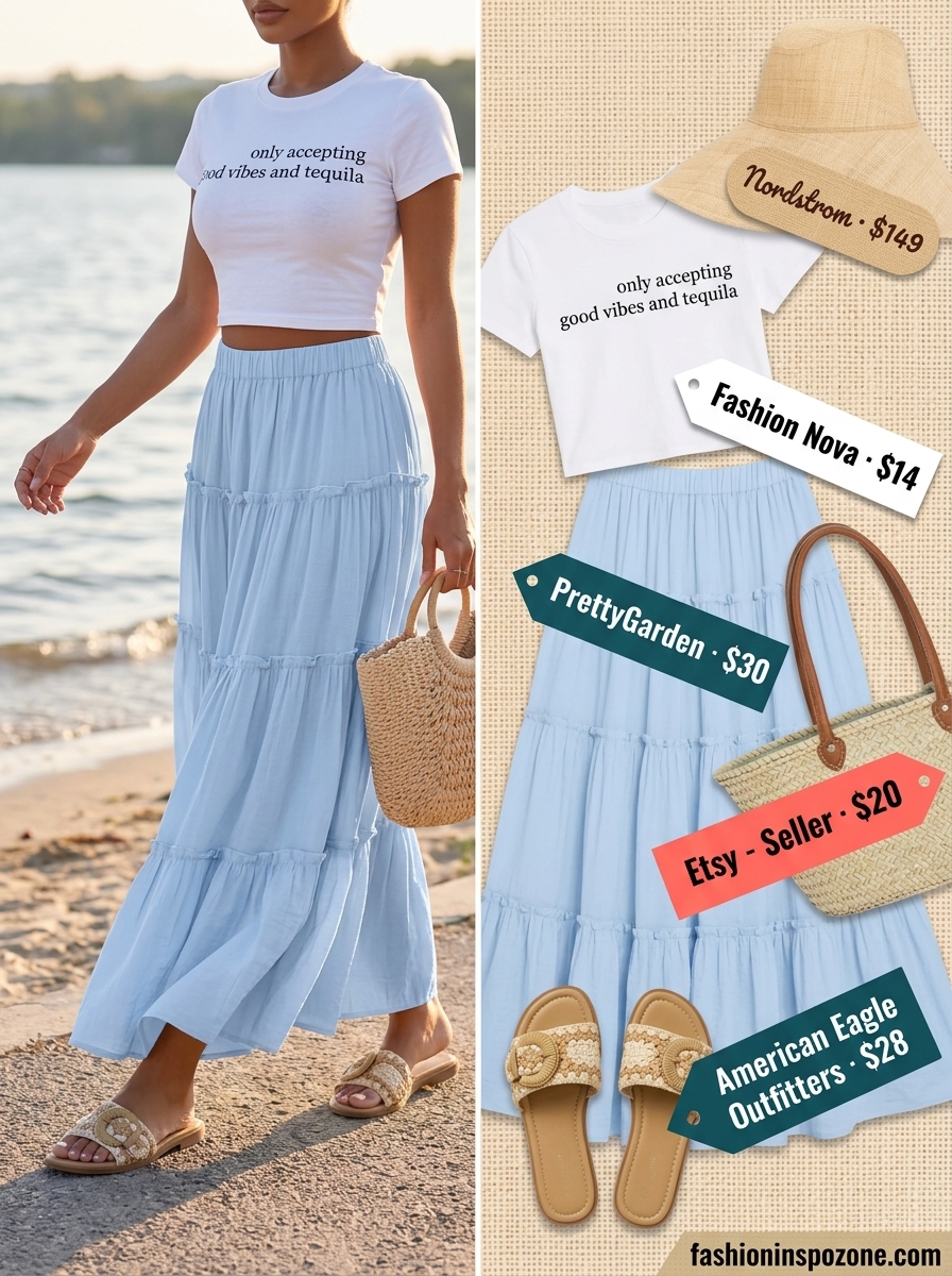 Cute summer skirt outfits 2026: Sky blue tiered maxi skirt with white linen shirt and straw hat.