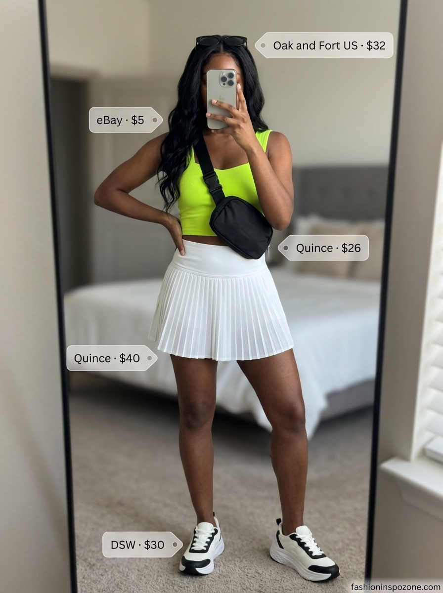 Cute summer skirt outfits 2026: Pleated tennis skirt with neon green crop top & sneakers for sporty chic.