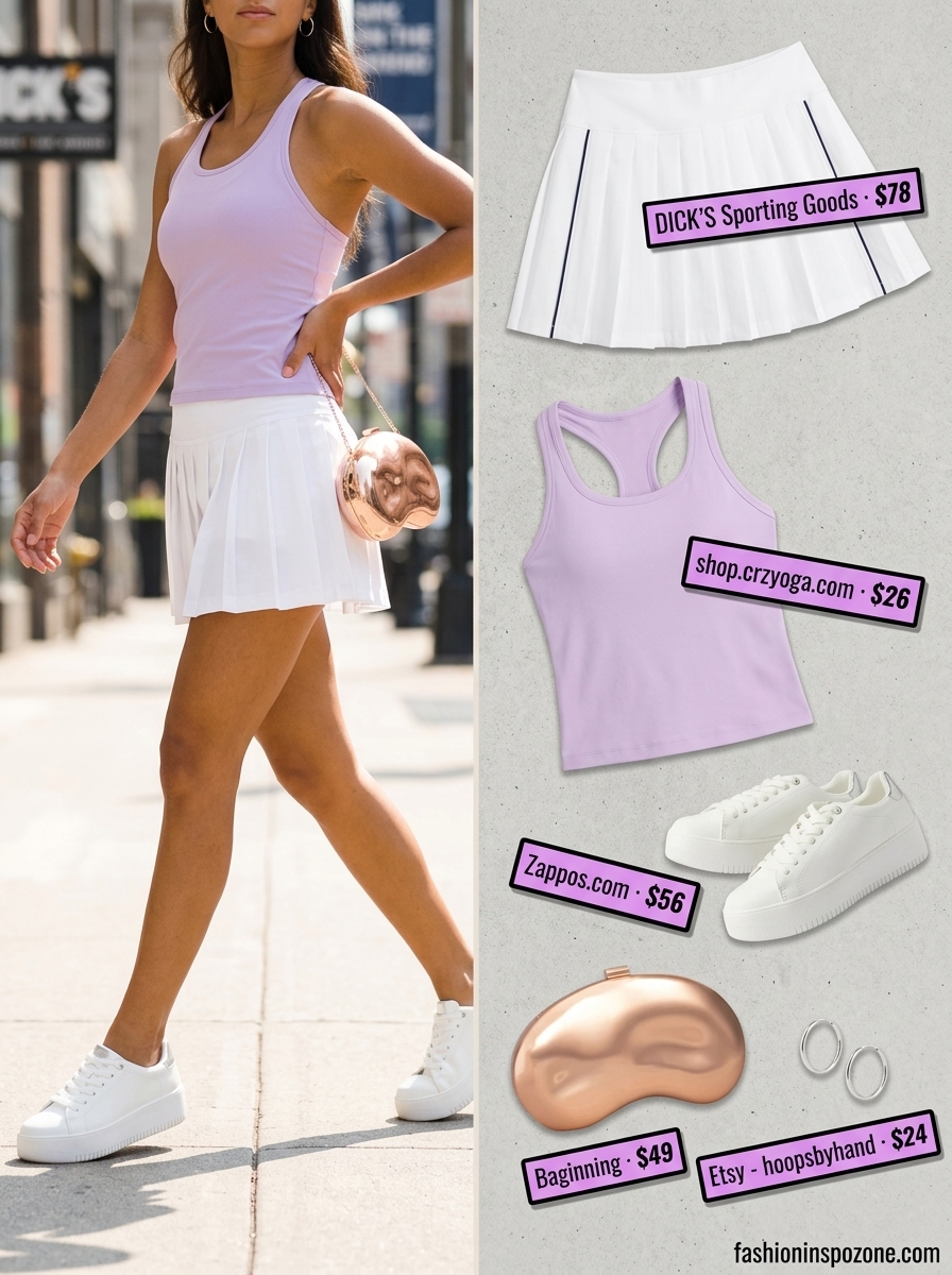 Cute summer skirt outfits 2026: Pastel lilac ribbed tank with white pleated tennis skirt and chunky sneakers.
