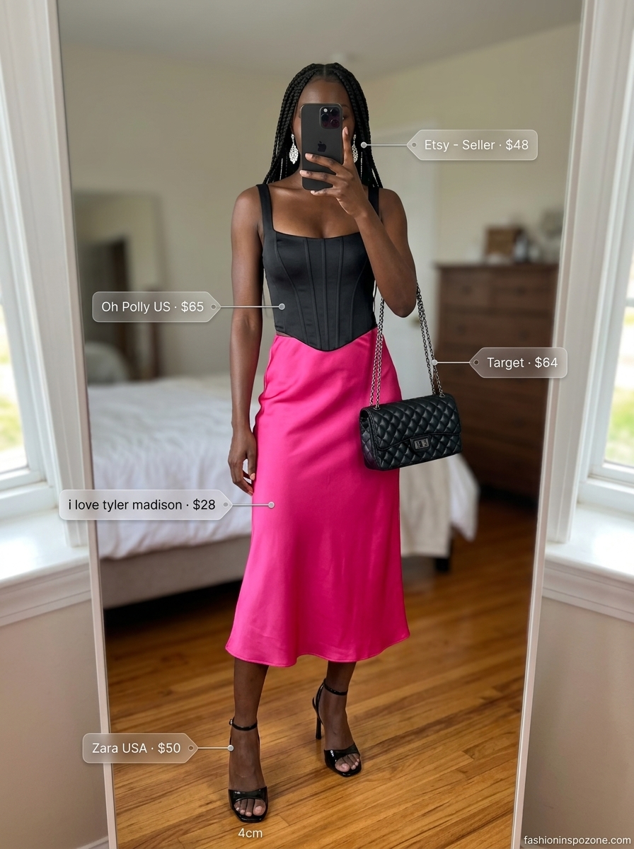 Cute summer skirt outfits 2026: Hot pink slip midi skirt with black corset top & silver heels for date night.