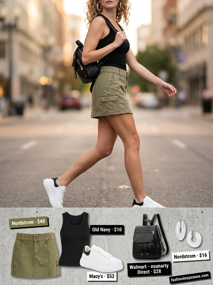Cute summer skirt outfits 2026: Khaki cargo mini skirt with black tank & chunky sneakers for city exploring.