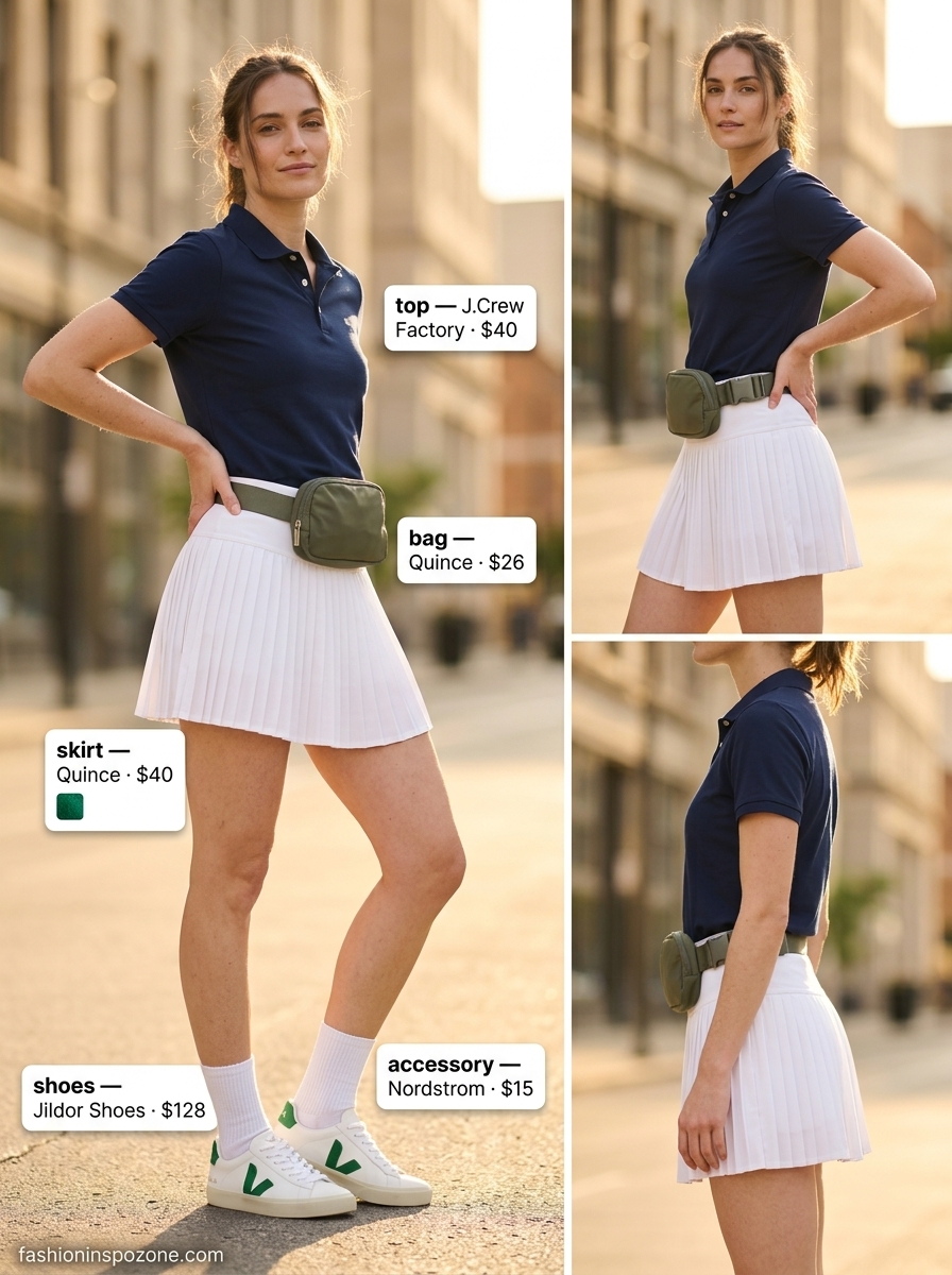 Preppy white tennis skirt outfit for casual errands or sporting events. Cute summer skirt outfits 2026.