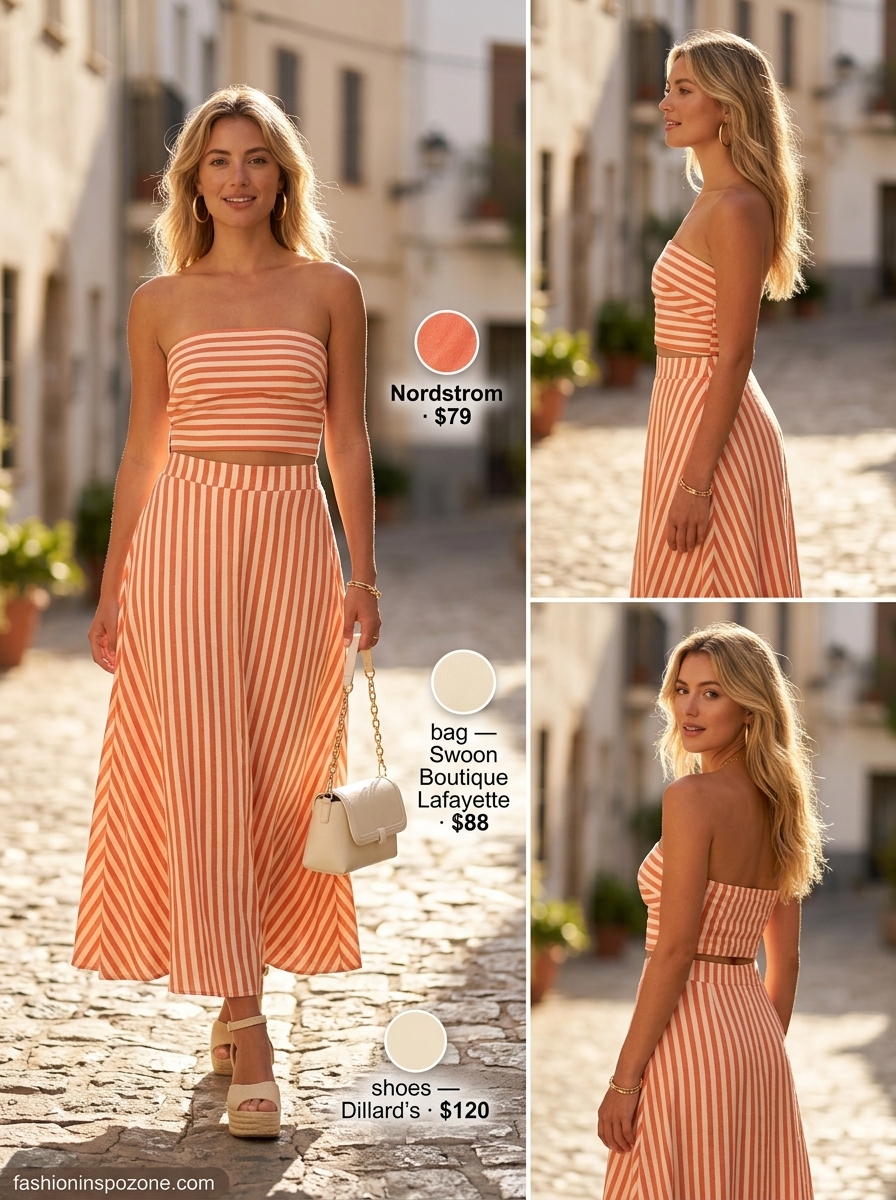 Cute summer vacation outfits for women 2026: Coral matching set, espadrilles for beach party.