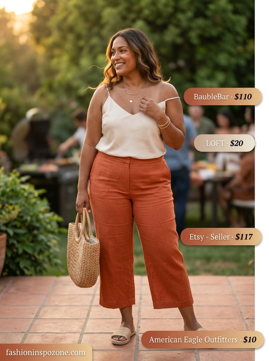 Cute Tall Women Summer Outfits 2026: Casual BBQ Style Cute tall women summer outfits 2026: Terracotta linen pants, cream tank, raffia slides, and straw tote for a backyard BBQ.