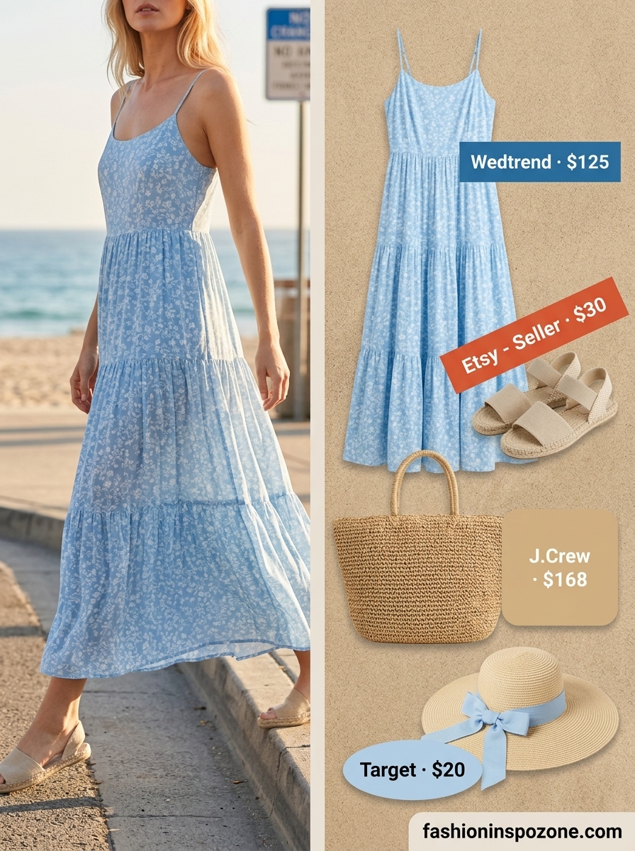 Cute Tall Women Summer Outfits 2026: Beach Brunch Vibes Cute tall women summer outfits 2026: Sky blue floral maxi dress, espadrilles, and straw hat for beach brunch.