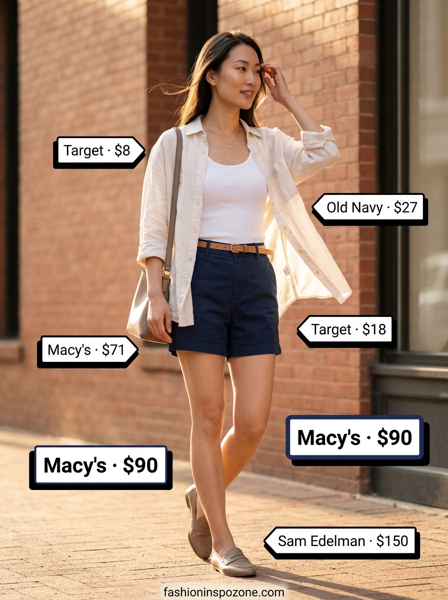 Cute Tall Women Summer Outfits 2026: Coastal Town Explorer Cute tall women summer outfits 2026: Navy Bermuda shorts, white linen shirt, loafers for coastal town.