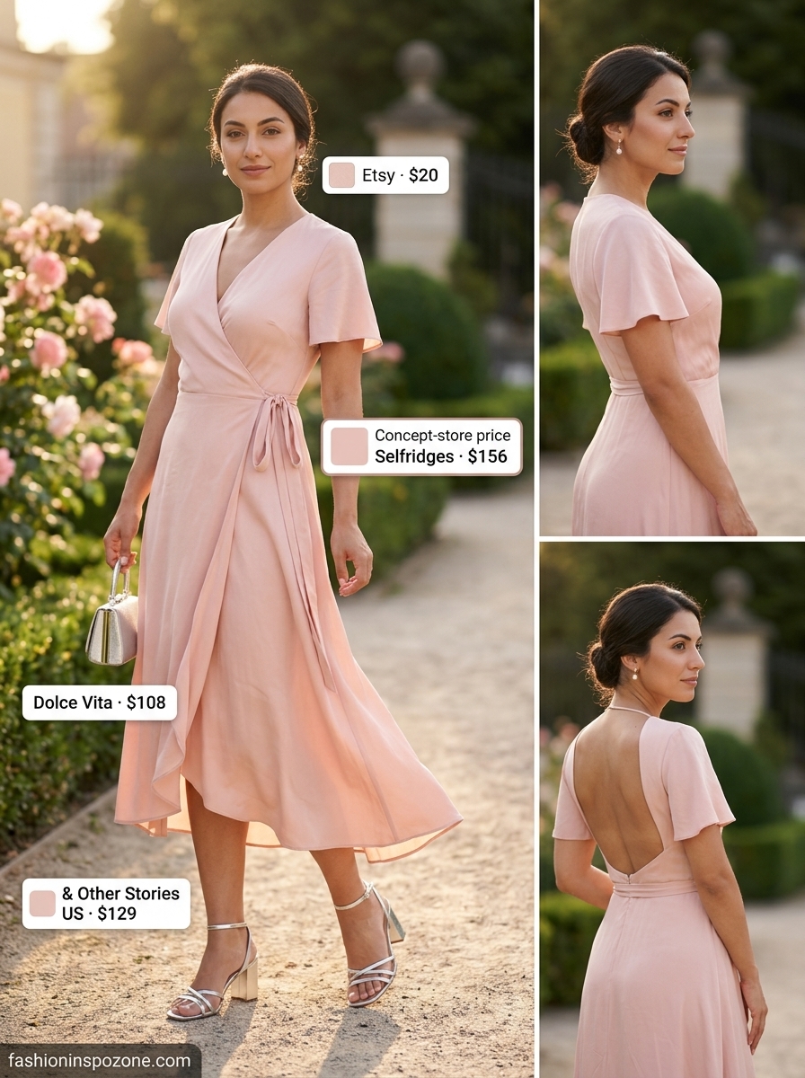 Cute Tall Women Summer Outfits 2026: Garden Party Dream Cute tall women summer outfits 2026: Blush pink wrap dress, nude sandals, silver jewelry for garden party.