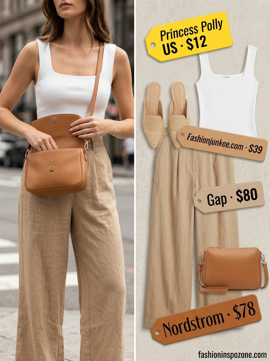 Cute Tall Women Summer Outfits 2026: City Stroll Chic Cute tall women summer outfits 2026: Yellow linen pants, white tank, espadrille mules, and crossbody bag for city stroll.