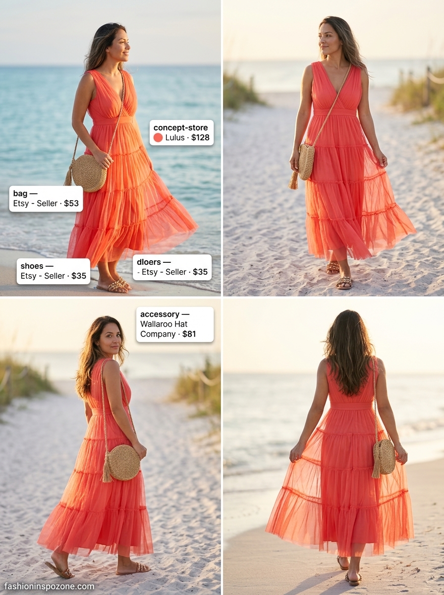 Cute Tall Women Summer Outfits 2026: Beach Escape Cute tall women summer outfits 2026: Coral maxi dress with straw accessories for beach vacation.