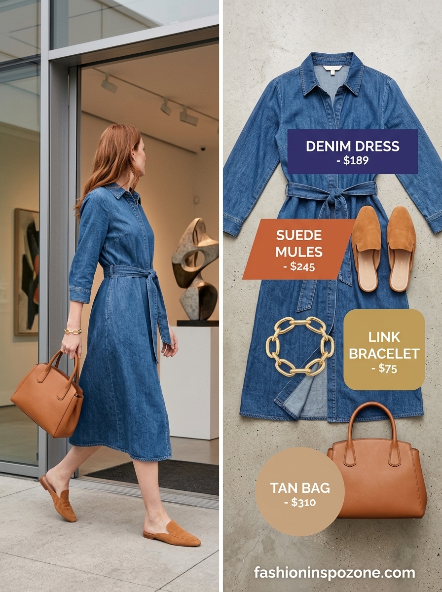 Cute Tall Women Summer Outfits 2026: Art Gallery Chic Cute tall women summer outfits 2026: Denim midi dress, tan mules, white top-handle bag for art gallery.