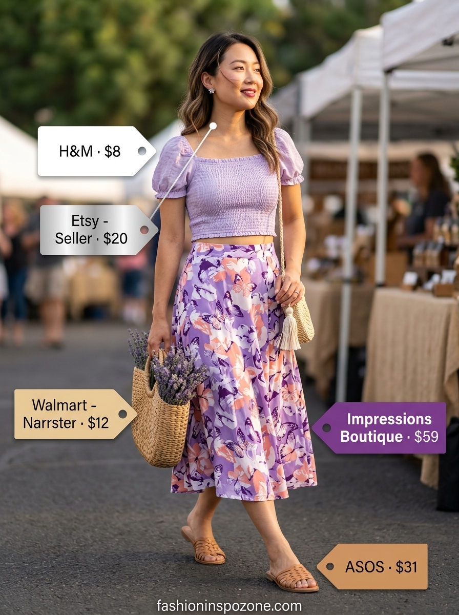 Cute Tall Women Summer Outfits 2026: Farmers Market Chic Cute tall women summer outfits 2026: Lavender floral midi skirt, white crop top, and woven crossbody for farmers market.