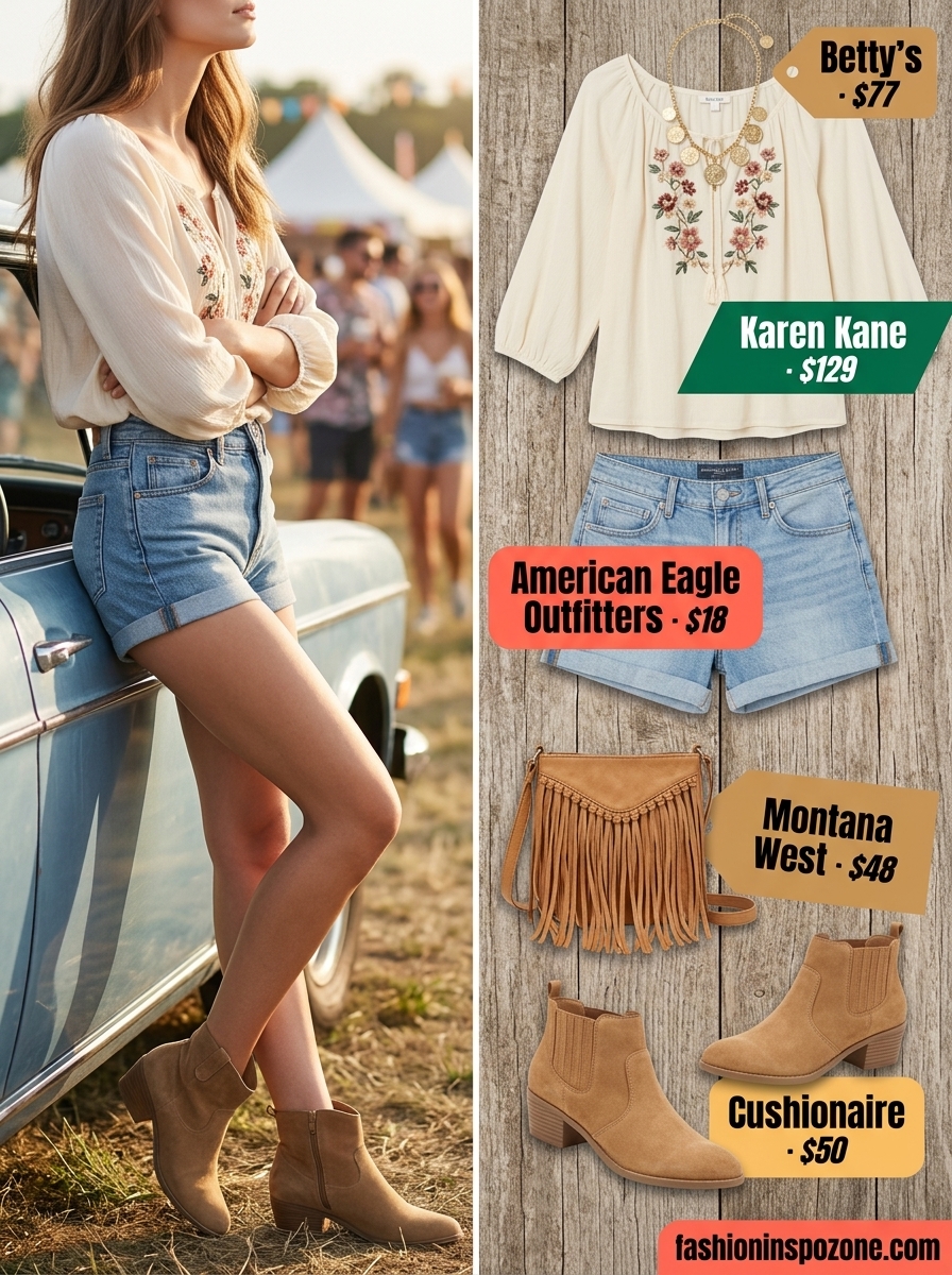 Cute Tall Women Summer Outfits 2026: Festival Fun Style Cute tall women summer outfits 2026: Denim shorts, peasant blouse, western boots, and straw crossbody for festival.