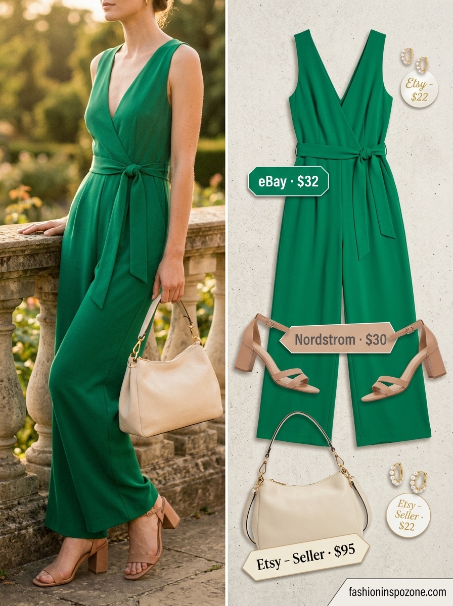 Cute Tall Women Summer Outfits 2026: Garden Party Elegance Cute tall women summer outfits 2026: Emerald green wide-leg jumpsuit, nude heels, and mini top-handle bag for garden party.