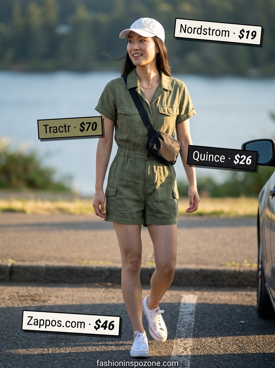 Cute Tall Women Summer Outfits 2026: Lakeside Adventure Cute tall women summer outfits 2026: Olive green romper, white cap, sneakers, black belt bag for a lake day.