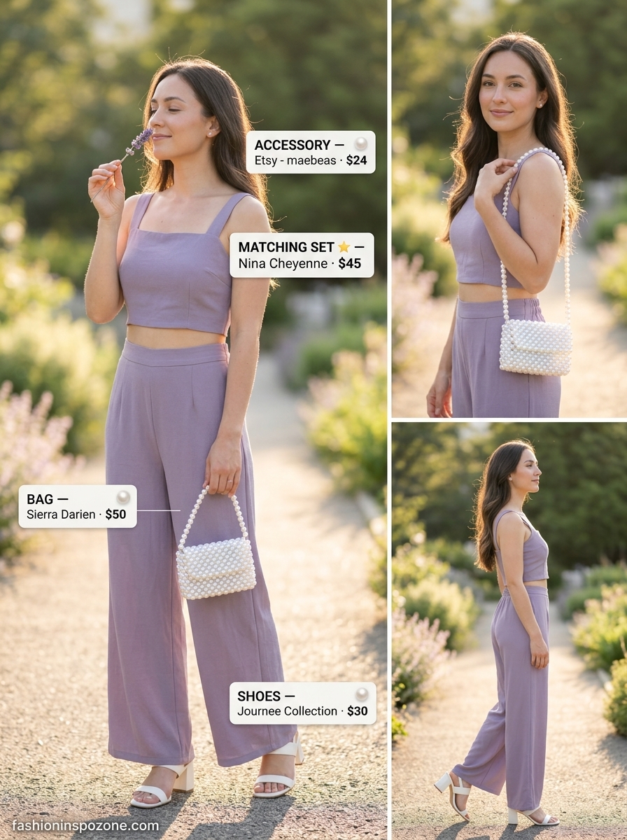 Cute Tall Women Summer Outfits 2026: Garden Party Chic Cute tall women summer outfits 2026: Lavender linen set with pearl accessories for a garden party.