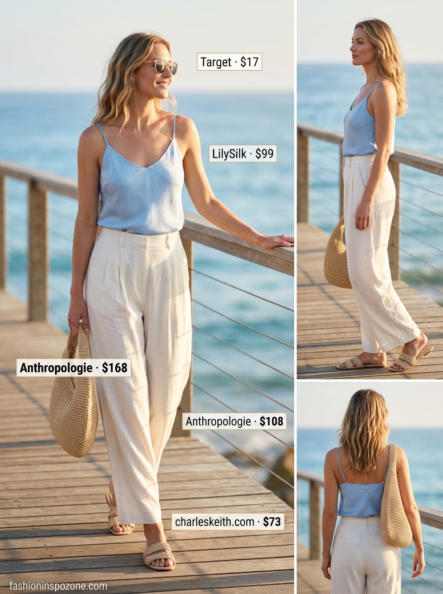 Cute Tall Women Summer Outfits 2026: Refined Coastal Lunch Cute tall women summer outfits 2026: Ivory linen pants, sky blue cami, woven bag for resort lunch.
