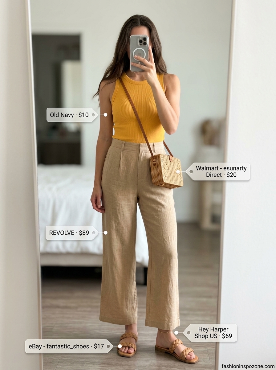 Cute Tall Women Summer Outfits 2026: Sunshine Brunch Cute tall women summer outfits 2026: Marigold yellow linen pants with cream tank for brunch.
