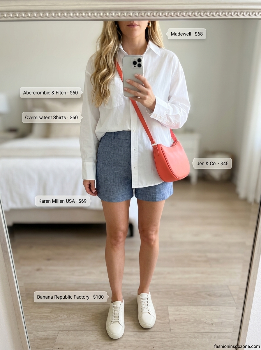 Cute Tall Women Summer Outfits 2026: Coastal Explorer Cute tall women summer outfits 2026: Navy linen shorts with white shirt for coastal city exploration.