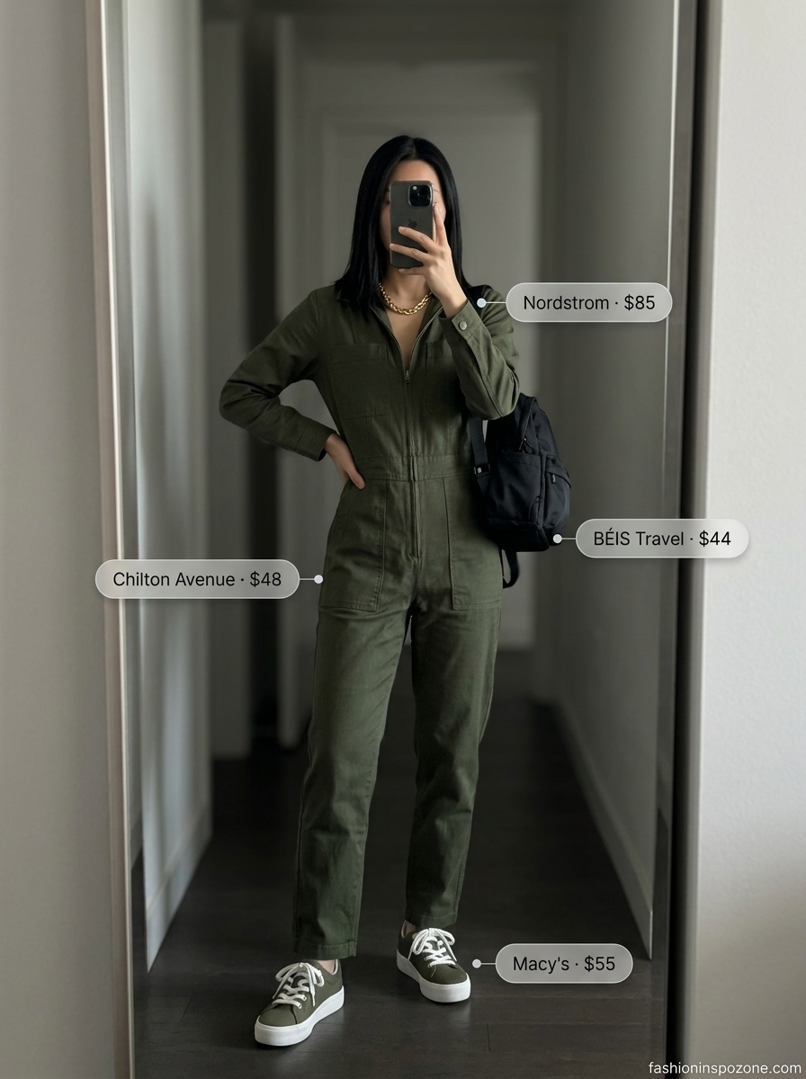 Cute Tall Women Summer Outfits 2026: Urban Explorer Cute tall women summer outfits 2026: Olive green utility jumpsuit with chunky sneakers for urban exploration.