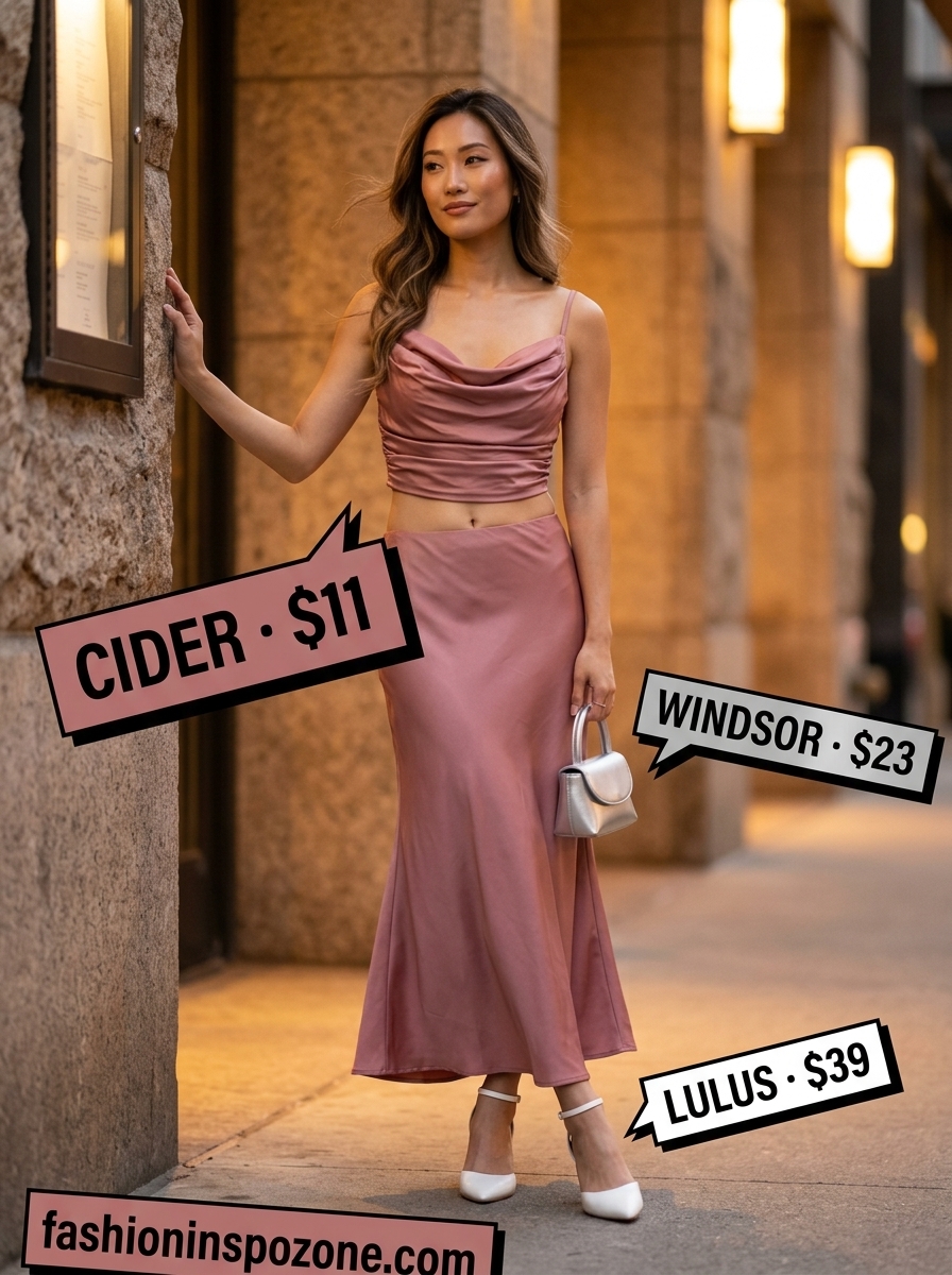 Cute Tall Women Summer Outfits 2026: Sunset Dinner Date Cute tall women summer outfits 2026: Dusty rose satin set, silver heels, clutch for date night.