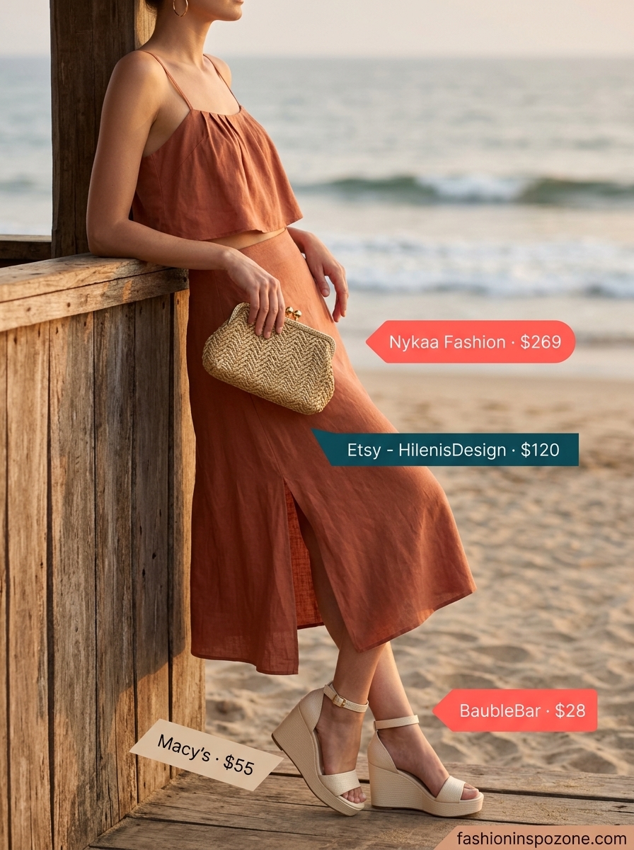 Cute Tall Women Summer Outfits 2026: Sunset Dinner Glam Cute tall women summer outfits 2026: Terracotta linen matching set, wedge espadrilles, and straw clutch for beach dinner.