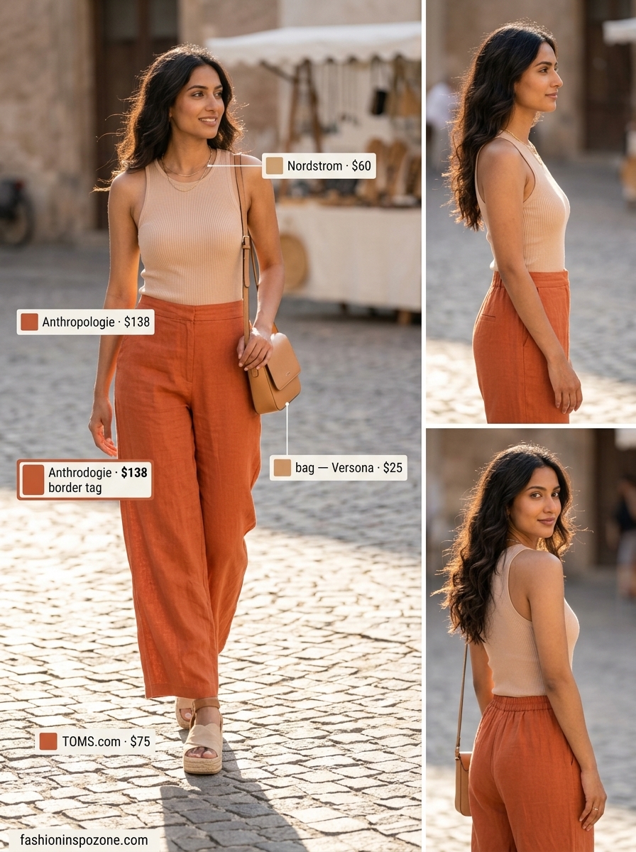 Cute Tall Women Summer Outfits 2026: Brunch Ready Cute tall women summer outfits 2026: Terracotta linen trousers with cream ribbed top for brunch.