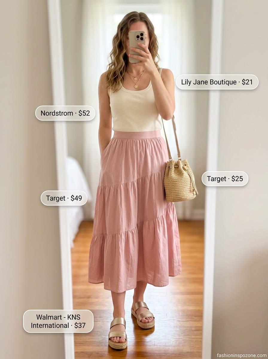 Cute Tall Women Summer Outfits 2026: Farmers Market Fresh Cute tall women summer outfits 2026: Dusty rose tiered skirt, cream tank, espadrilles for farmers market.