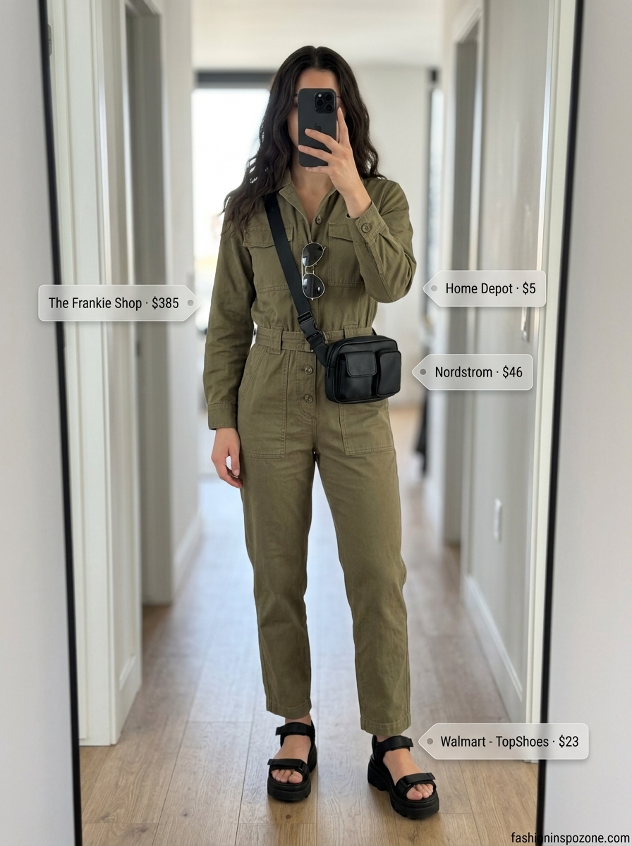 Cute Tall Women Summer Outfits 2026: Utility Chic Cute tall women summer outfits 2026: Olive green utility jumpsuit, black platform sandals, silver sunglasses.