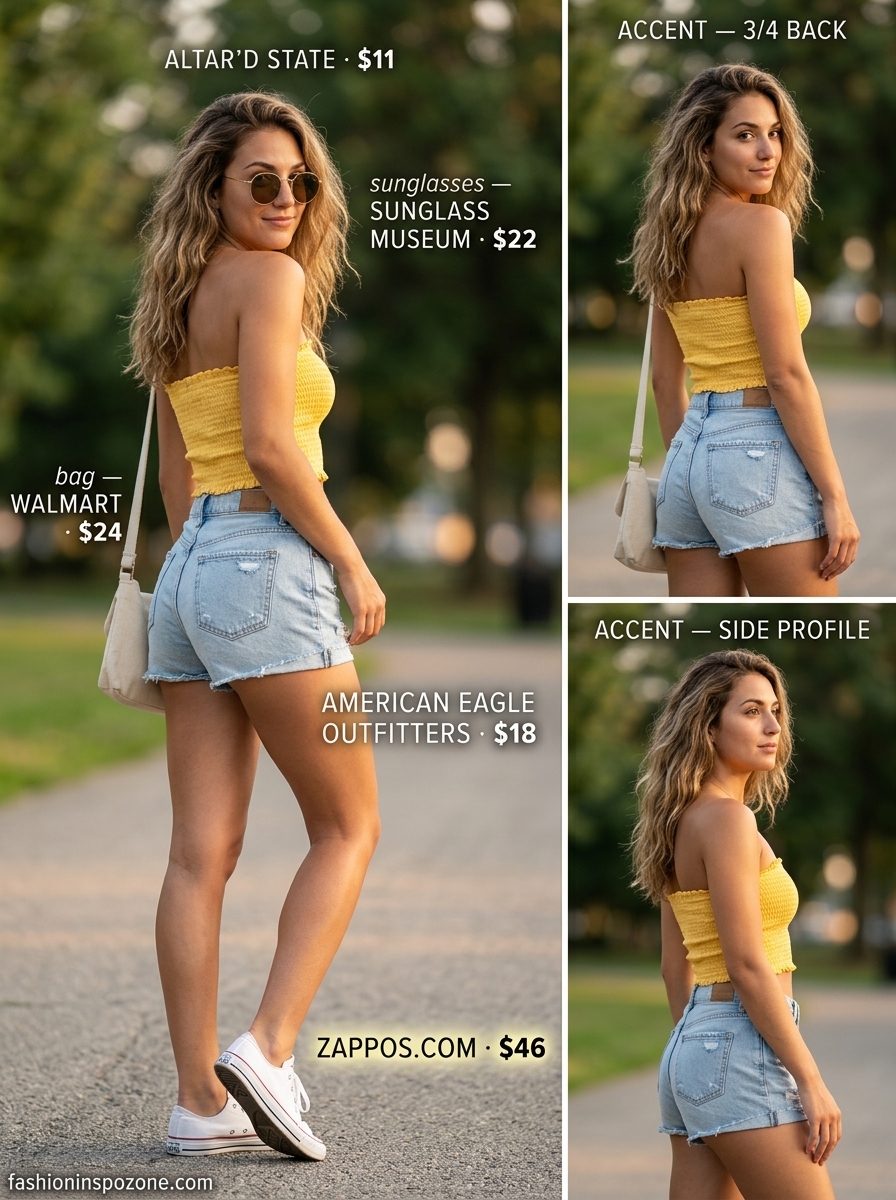 Cute tall women summer outfits 2026: Yellow smocked tube top with denim shorts for festival vibes.