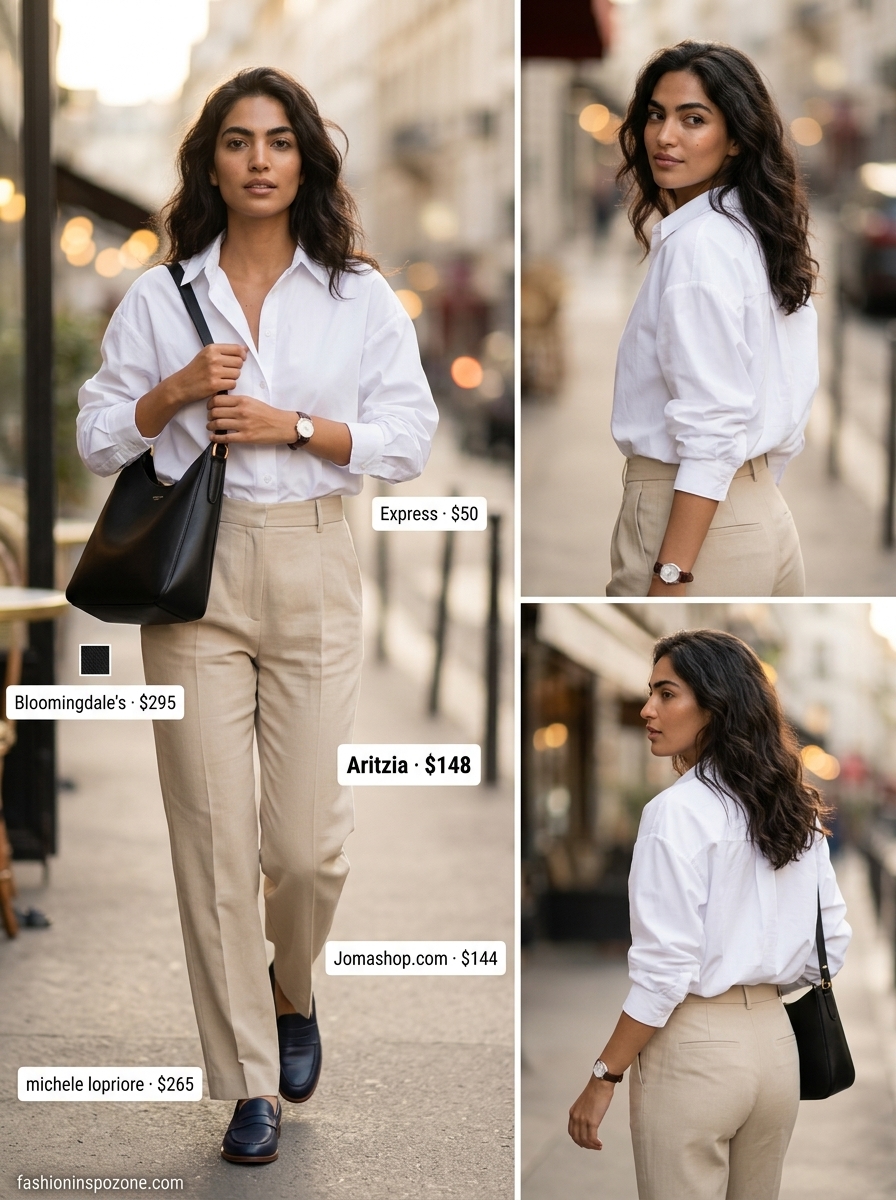 Cute vintage summer outfits for women 2026: Beige tailored trousers, white oversized shirt, navy loafers, structured bag.