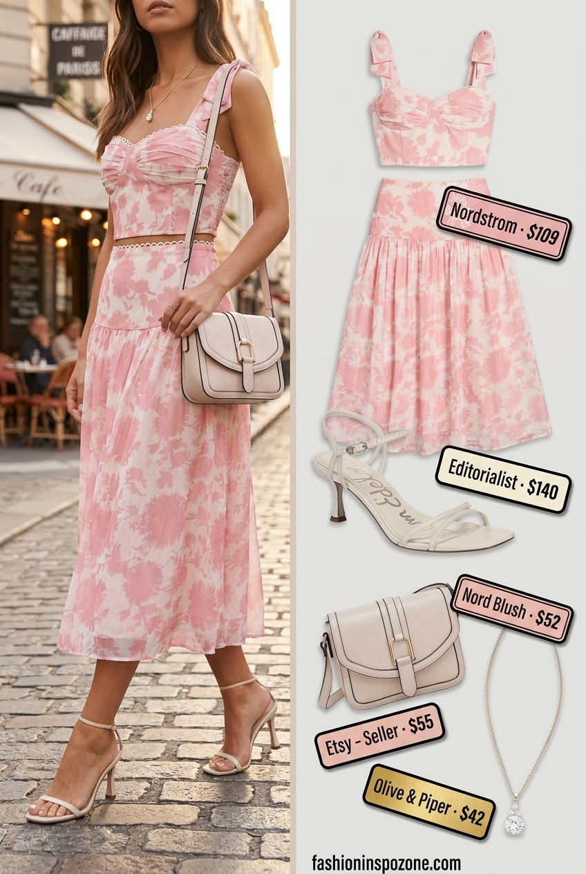 Romantic vintage summer outfit for women 2026: Blush floral two-piece set, cream heels, cream crossbody bag, and gold necklace.