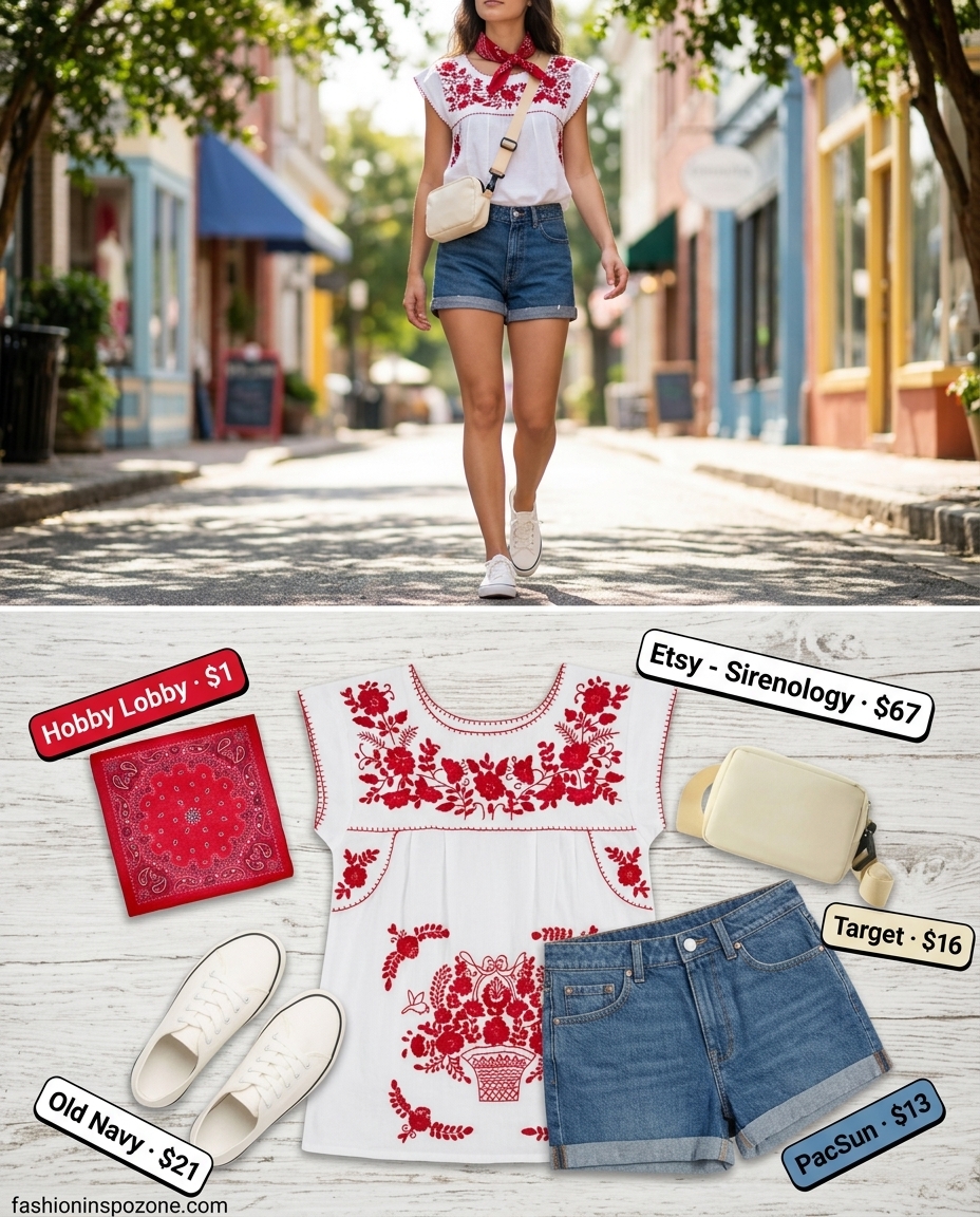 Casual vintage summer outfit for women 2026: Denim shorts, embroidered blouse, red bandana, canvas sneakers, and canvas crossbody bag.
