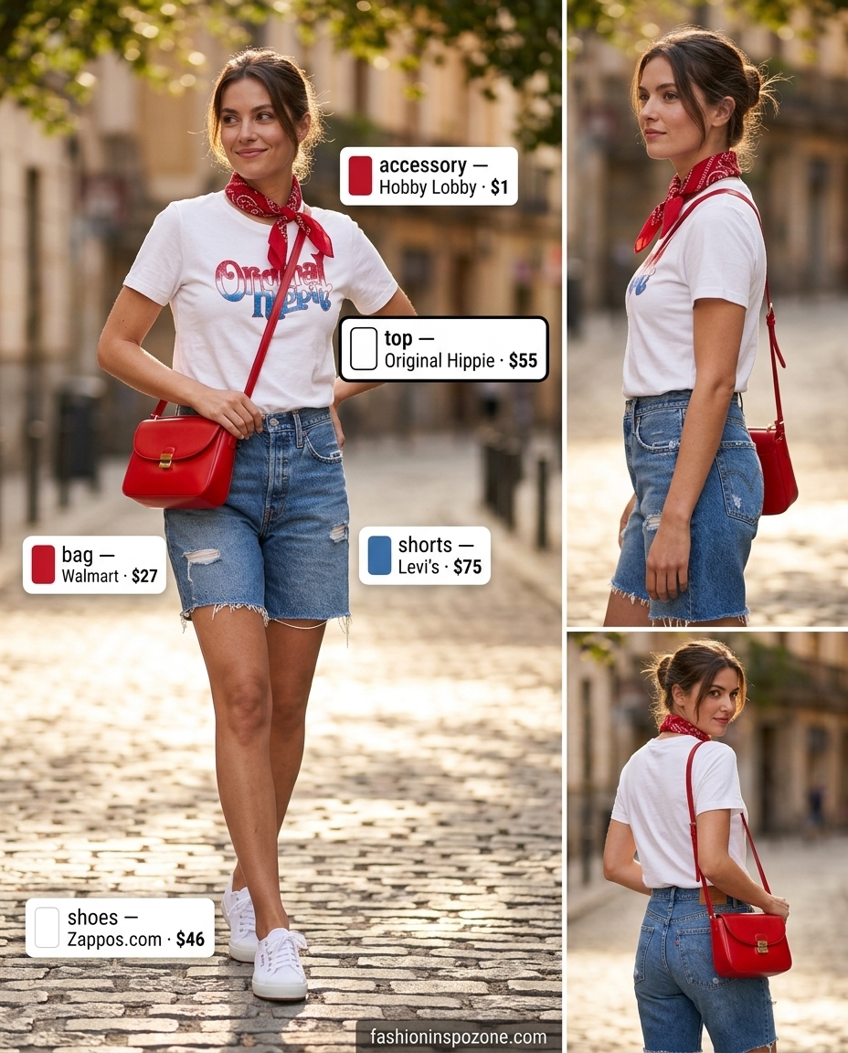 Cute vintage summer outfits for women 2026: Denim shorts, graphic tee, red bandana, canvas sneakers.