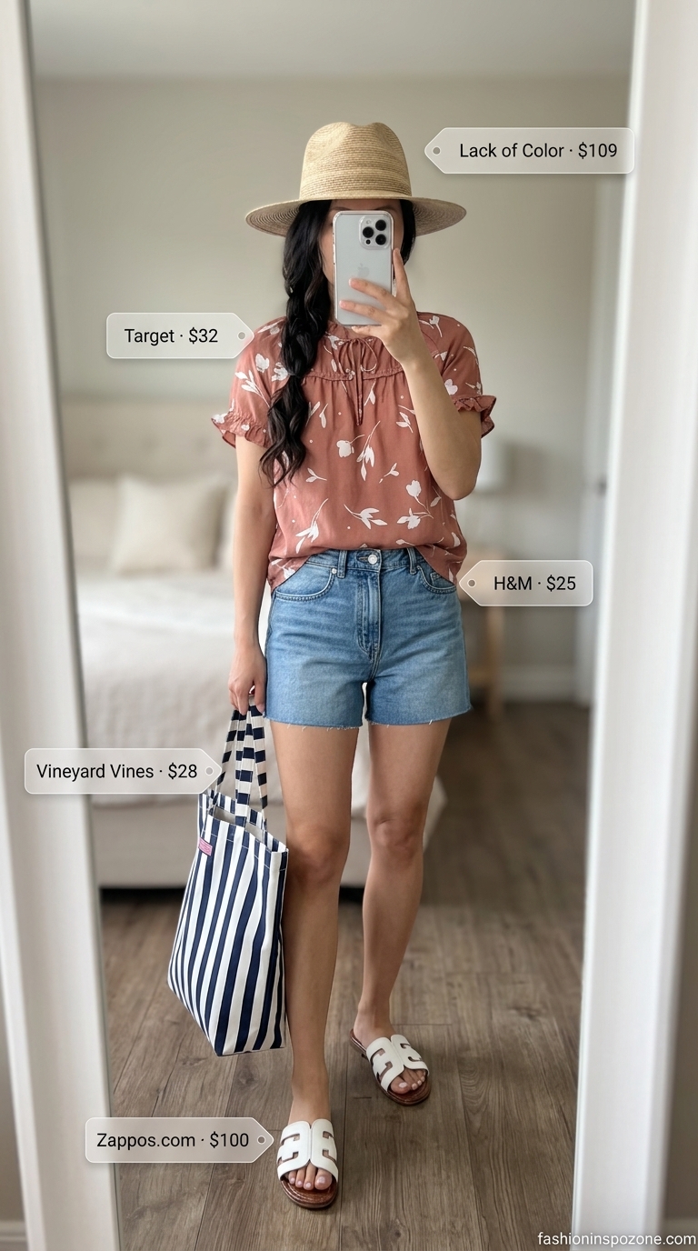Cute vintage summer outfit for women 2026: Coral floral blouse, denim shorts, straw hat for beach day.