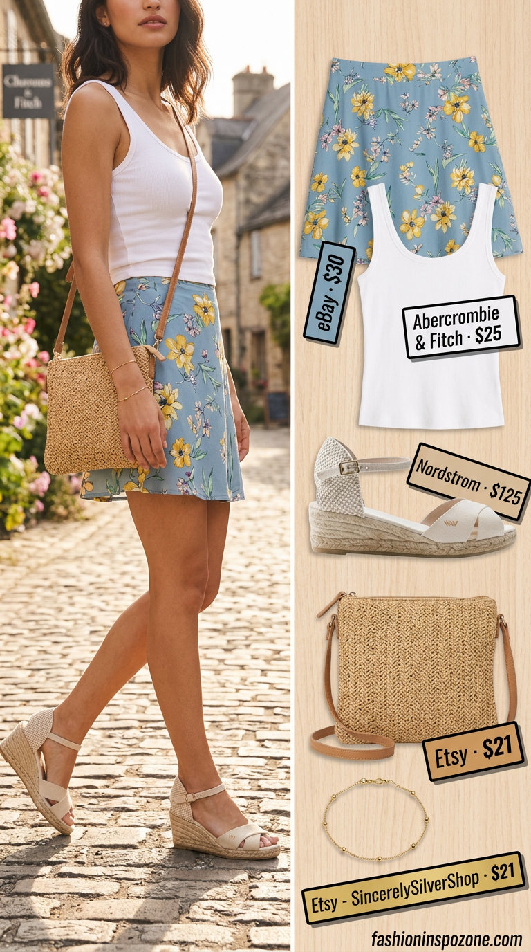 Cute vintage summer outfits for women 2026: Pastel floral mini skirt, white ribbed tank, straw bag, espadrilles.