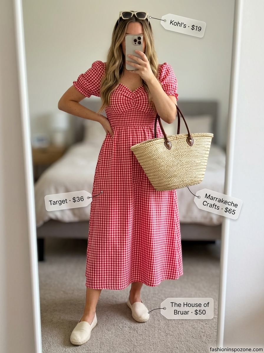 Cute vintage summer outfit for women 2026: Red gingham midi dress, straw tote, cat-eye sunglasses for a picnic.
