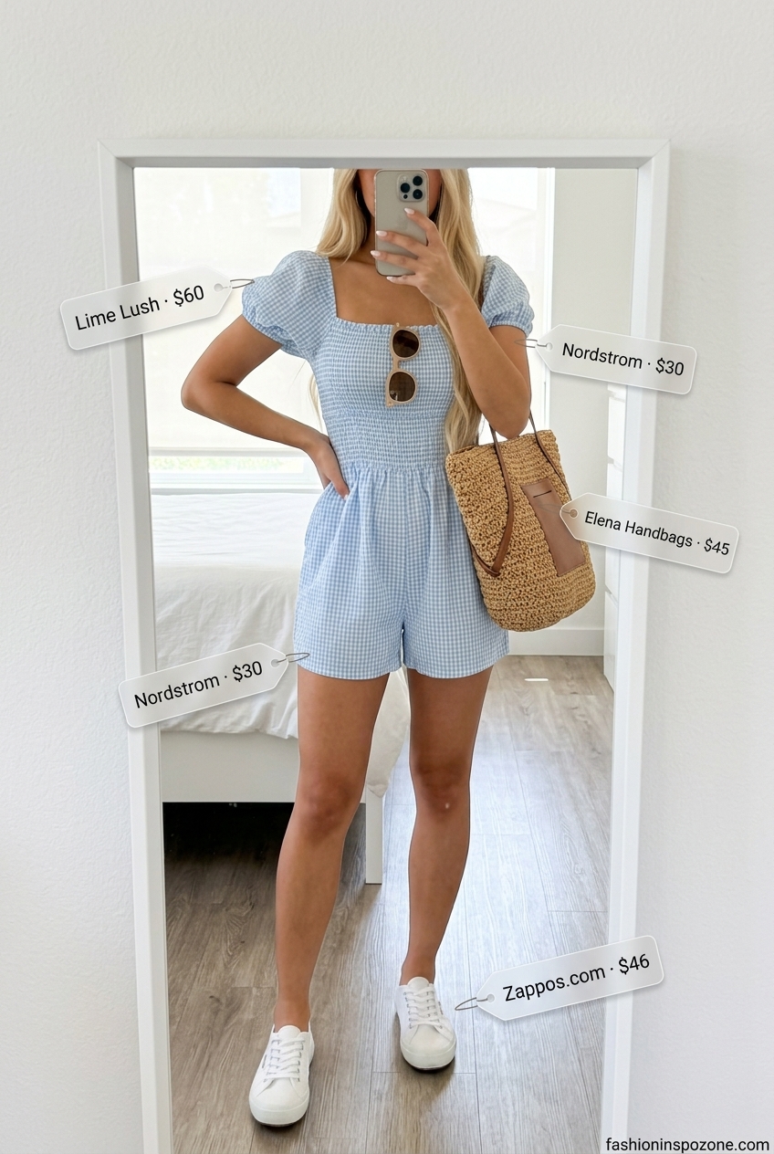 Cute vintage summer outfits for women 2026: Gingham romper, white sneakers, straw tote, round sunglasses.