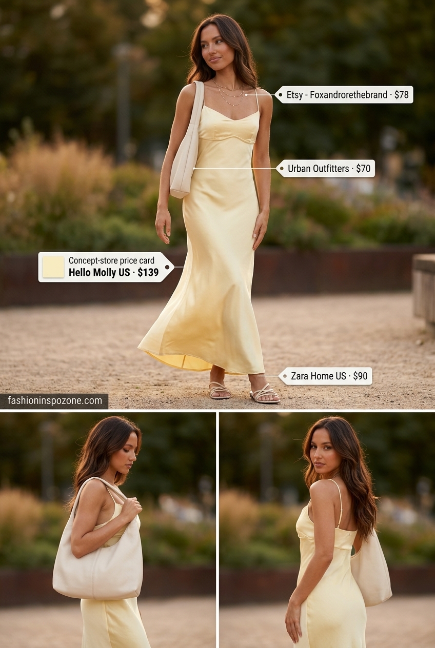 Cute vintage summer outfit for women 2026: Golden Yellow flowy maxi dress, beige sandals, gold necklaces, and slouchy hobo bag.