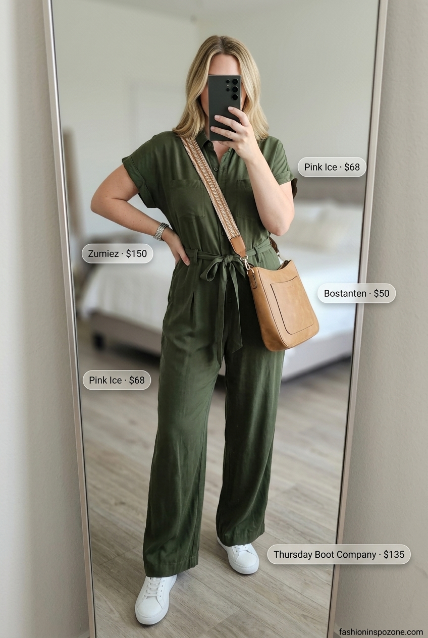 Cute vintage summer outfit for women 2026: Olive green utility jumpsuit, tan crossbody, leather sneakers for weekend.